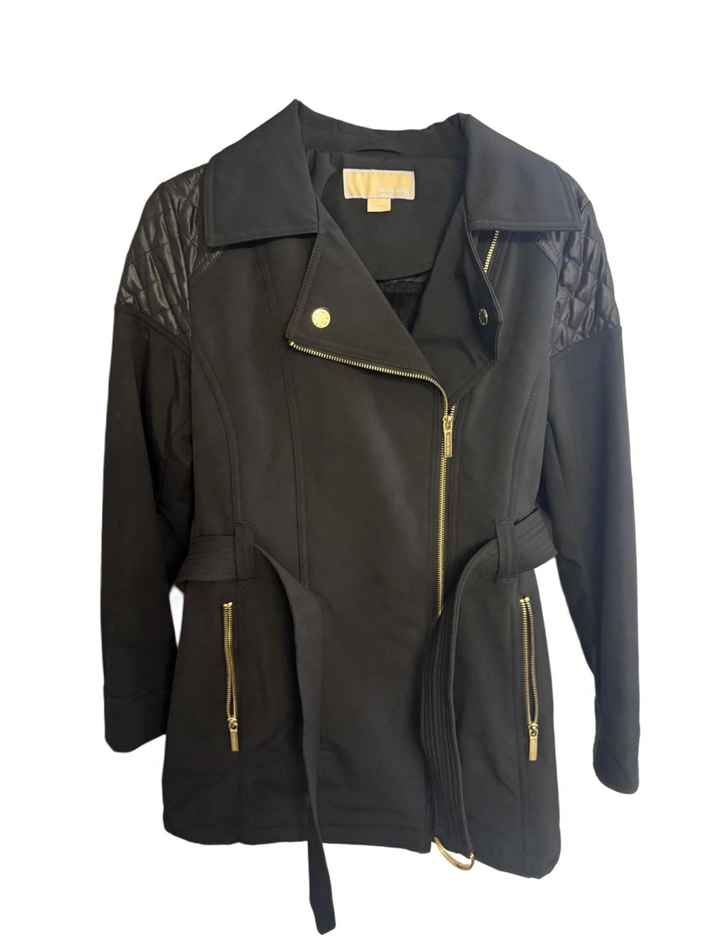 Michael Kors Black Trench Coat with Quilted Shoulder Panels